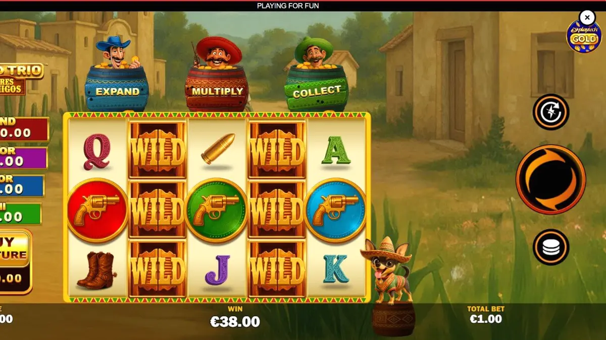 Tampilan visual slot Gold Trio: Tres Amigos dengan tema fiesta Meksiko yang ceria.
