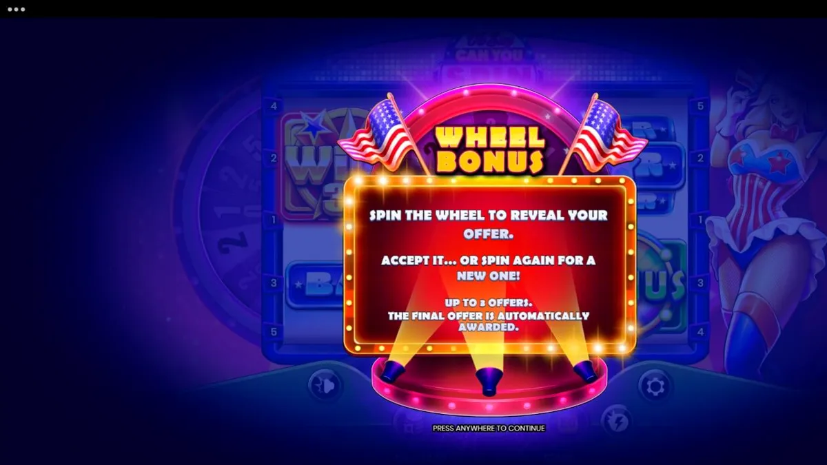 Tampilan visual slot Oh Say Can You Spin dengan tema patriotik dan roda bonus.